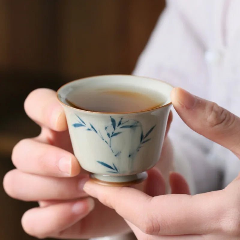 1 Pc Chinese Antique Ceramic Tea Cup Handmade Bamboo Leaf Pattern Tea Bowl Porcelain Teacup Household Teaware Master Cup 40ml - China Tea Store