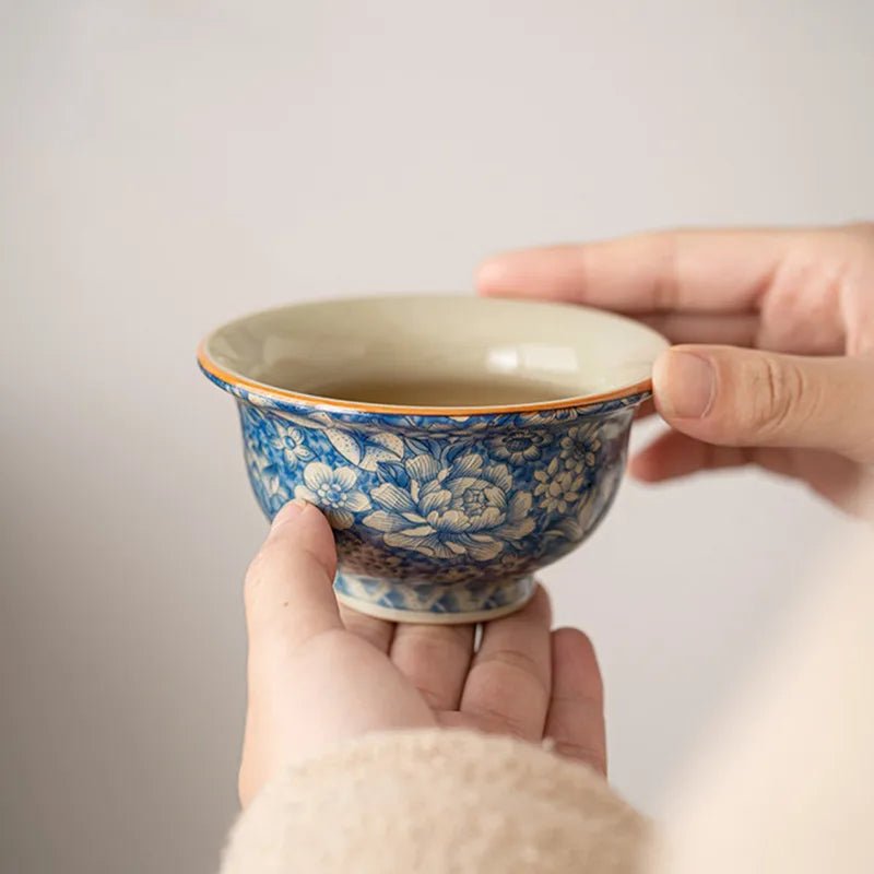 1 Pc Chinese Vintage Ru Kiln Blue and Flower Tea Cup Handmade Flowers Tea Bowl Ceramic Teacup Household Teaware Meditation Cup - China Tea Store