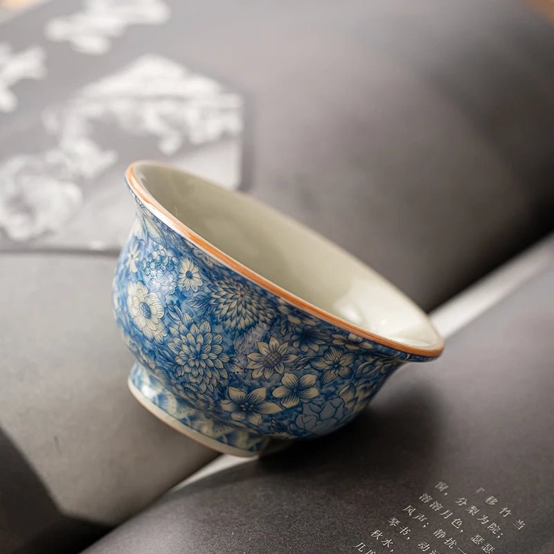 1 Pc Chinese Vintage Ru Kiln Blue and Flower Tea Cup Handmade Flowers Tea Bowl Ceramic Teacup Household Teaware Meditation Cup - China Tea Store