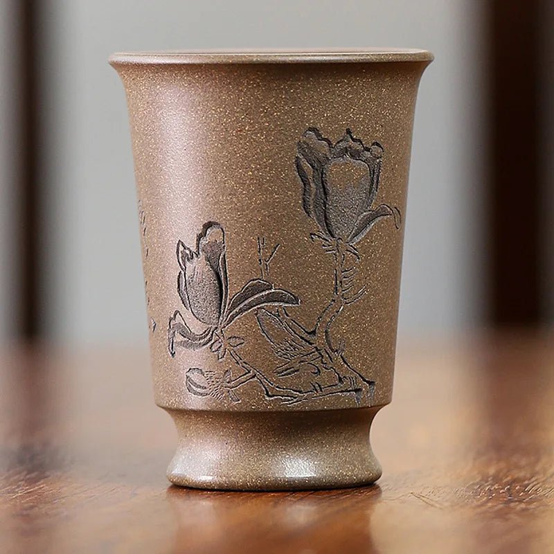 110ml Handmade Carved Flower Purple Clay Teacup Raw Ore Crab Shells Green Mud Smelling Cup Master Chinese Zisha Kung Fu Tea Set - China Tea Store