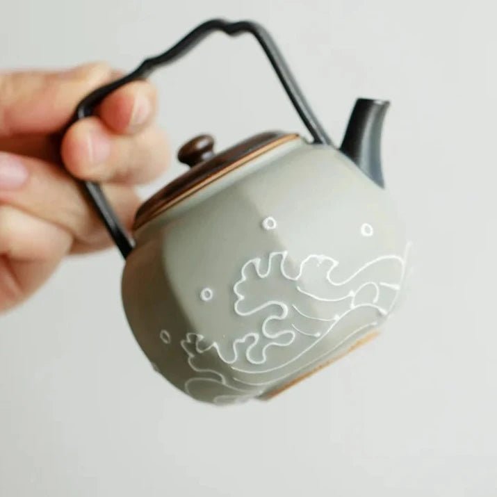 125ml Boutique Pure Hand - painted Ocean Wave Ceramic Teapot Handmade Pile Carved Eight Square Pot Chinese Tea Maker Kettle Gifts - China Tea Store