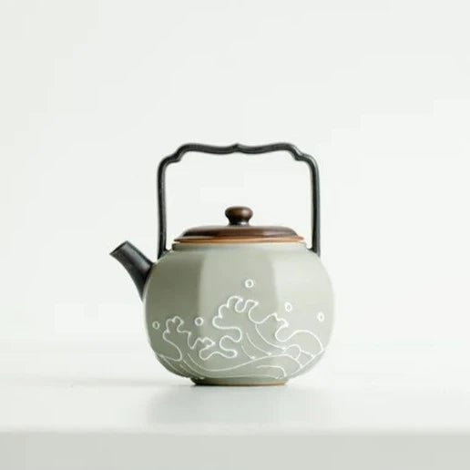 125ml Boutique Pure Hand - painted Ocean Wave Ceramic Teapot Handmade Pile Carved Eight Square Pot Chinese Tea Maker Kettle Gifts - China Tea Store