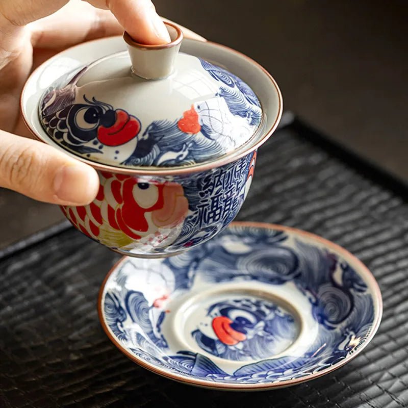 130ml Chinese Blue and White Ceramic Tea Tureen Handmade Fish Gaiwan Beauty Tea Infuser Teacup Household Tea Bowl Teaware - China Tea Store