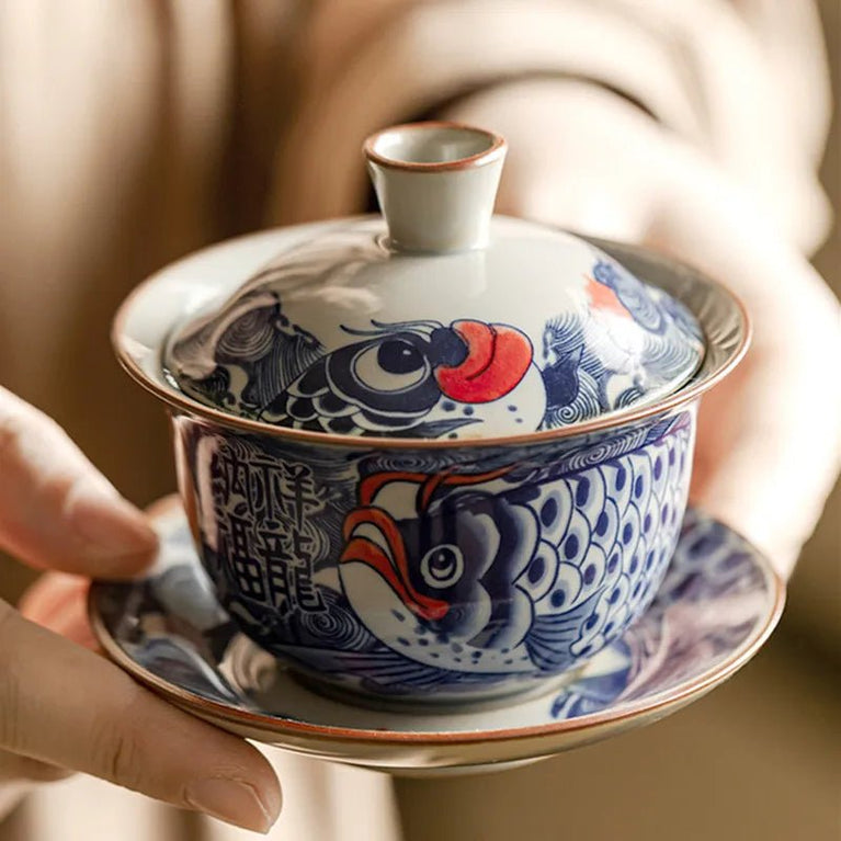 130ml Chinese Blue and White Ceramic Tea Tureen Handmade Fish Gaiwan Beauty Tea Infuser Teacup Household Tea Bowl Teaware - China Tea Store