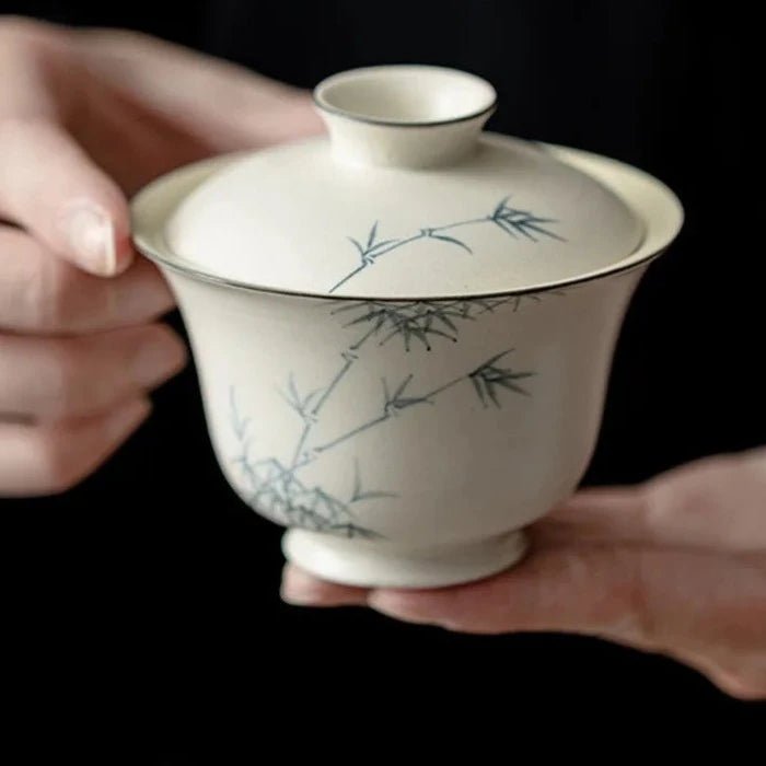 150ml Powder Yin White Pottery Gaiwan Japanese Handpainted Ink Bamboo Tea Tureen Tea Maker Cover Bowl Lid Kit for Tea Collection - China Tea Store