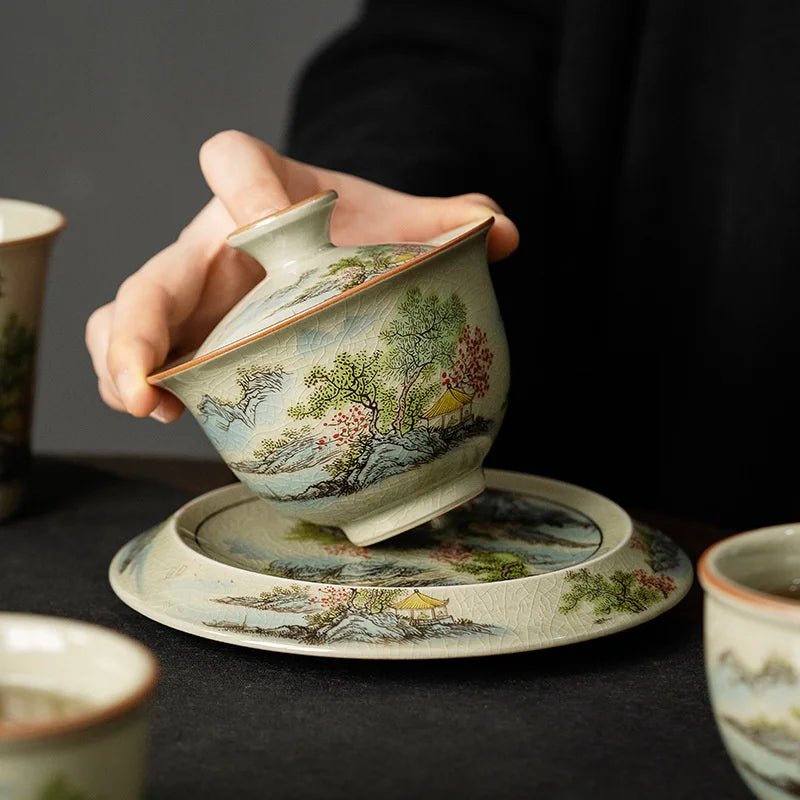 164ml Boutique Underglaze Hand - painted Landscape GaiWan Handmade Household Chinese Puer Kungfu Teaset Accessories Drinkware Gift - China Tea Store