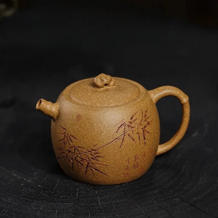 180ml Authentic Yixing Purple Clay Pot Hand Carved Bamboo Teapot Golden Raw Ore Old Section Mud Tea Maker Chinese Zisha Tea Set - China Tea Store