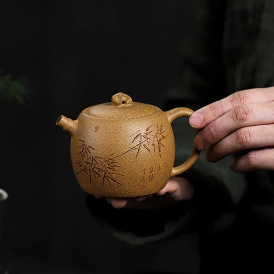 180ml Authentic Yixing Purple Clay Pot Hand Carved Bamboo Teapot Golden Raw Ore Old Section Mud Tea Maker Chinese Zisha Tea Set - China Tea Store