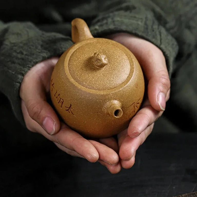 180ml Authentic Yixing Purple Clay Pot Hand Carved Bamboo Teapot Golden Raw Ore Old Section Mud Tea Maker Chinese Zisha Tea Set - China Tea Store