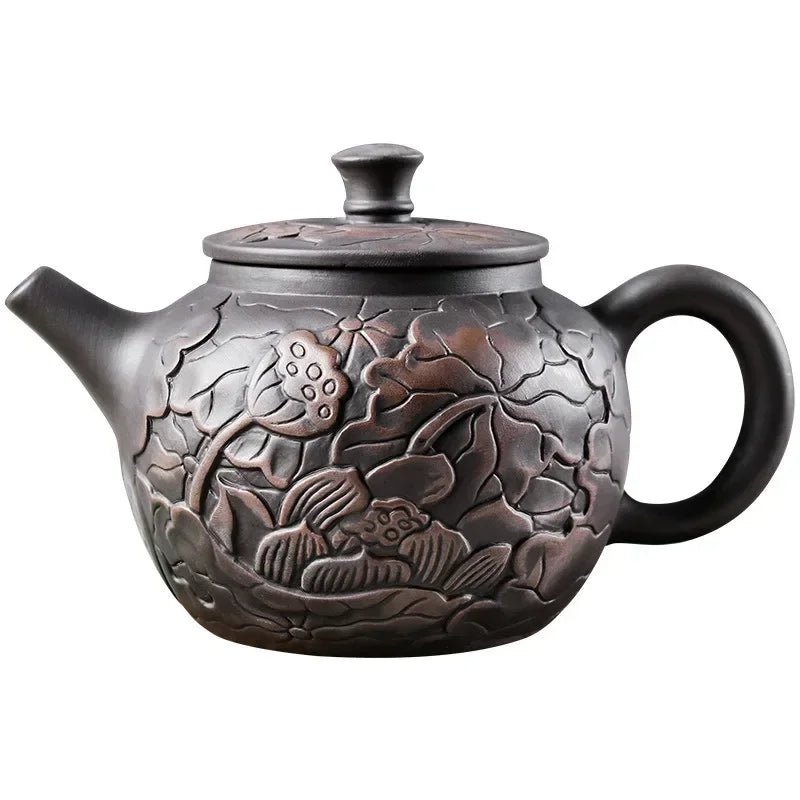 1pc Yixing Tea Pot Purple Clay Teapots Beauty Kettle Black Mud Hand Hand Carved Lotus Illustration Pot Home Handmade Tea Set - China Tea Store