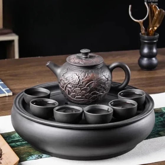 1pc Yixing Tea Pot Purple Clay Teapots Beauty Kettle Black Mud Hand Hand Carved Lotus Illustration Pot Home Handmade Tea Set - China Tea Store