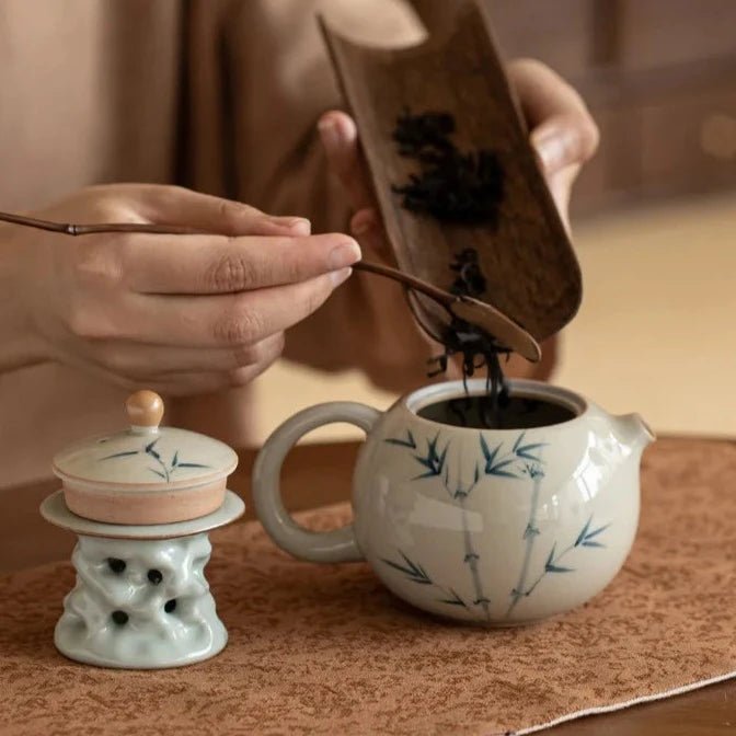 200ml Retro Ice Table Glaze Ceramic Teapot Handamde Xishi Pot Hand - painted Bamboo Kettle Tea Kung Fu Set Making Tool with Filter - China Tea Store