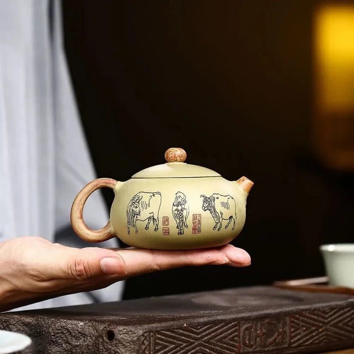 250ml Chinese Yixing Purple Clay Teapots Raw Ore Bean Green Clay Filter Tea Pot Hand Painted Five Cow Xishi Kettle Home Teaware - China Tea Store