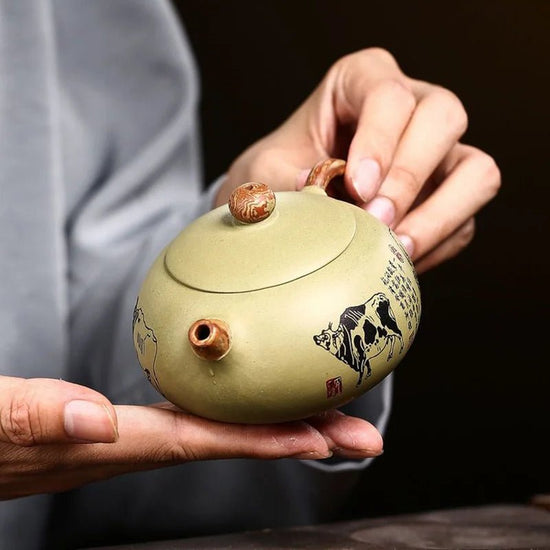 250ml Chinese Yixing Purple Clay Teapots Raw Ore Bean Green Clay Filter Tea Pot Hand Painted Five Cow Xishi Kettle Home Teaware - China Tea Store