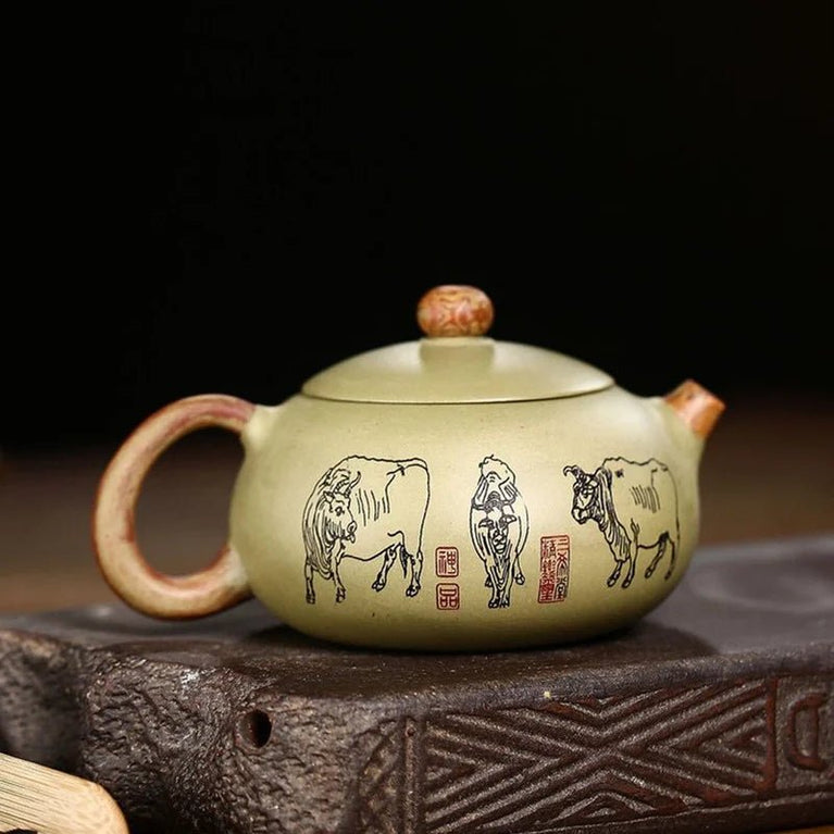 250ml Chinese Yixing Purple Clay Teapots Raw Ore Bean Green Clay Filter Tea Pot Hand Painted Five Cow Xishi Kettle Home Teaware - China Tea Store