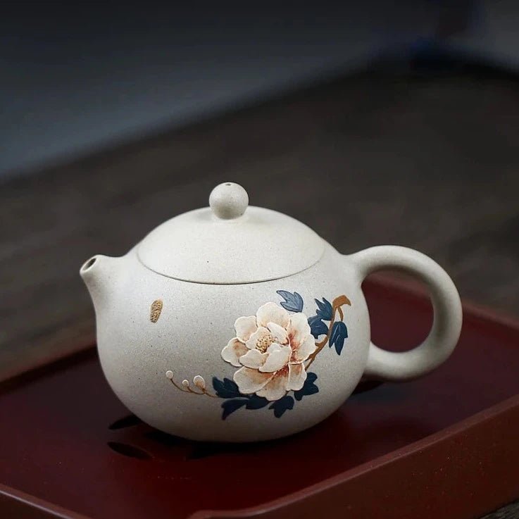 250ml Yixing Purple Clay Pot Handmade teapot Tea set Original ore white jade section mud hand painted peony Western Shi pot - China Tea Store