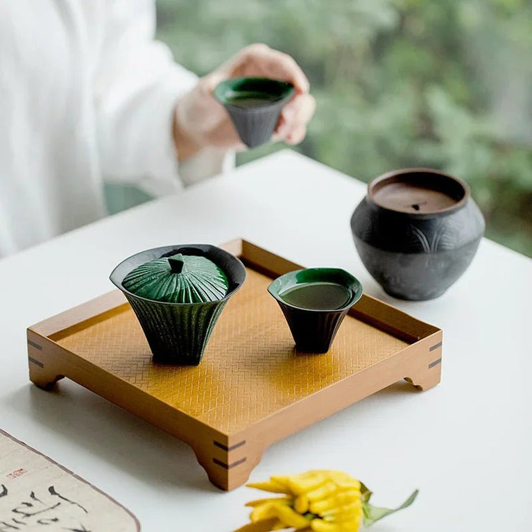 80ml Retro Snow Point Pine Green Ceramic Tea Tureen Creative Stripe Ercai Tea Bowl With Cover Tea Maker Gaiwan Kung Fu - China Tea Store