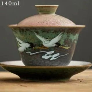 Anti - scald Large Ceramic Retro Tea Cover Bowl with Lid, Sancai Gaiwan Single Tea Bowl, Hand Painted Shining Crane Cover Bowl - China Tea Store