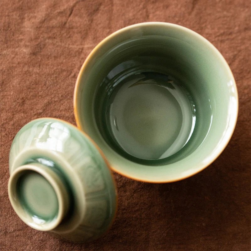 Celadon Hand Carved Gaiwan For Tea Pottery Tureen With Lid Green Teaware Kung Fu Tea Ceremony Set Coffee Cups Tea Bowls Chawan - China Tea Store