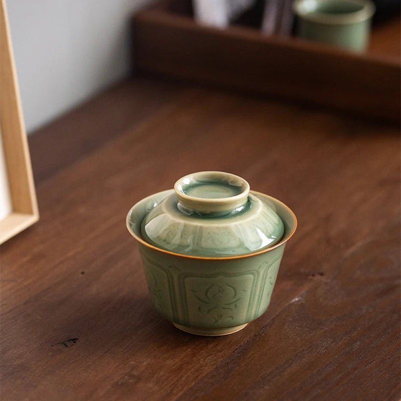 Celadon Hand Carved Gaiwan For Tea Pottery Tureen With Lid Green Teaware Kung Fu Tea Ceremony Set Coffee Cups Tea Bowls Chawan - China Tea Store