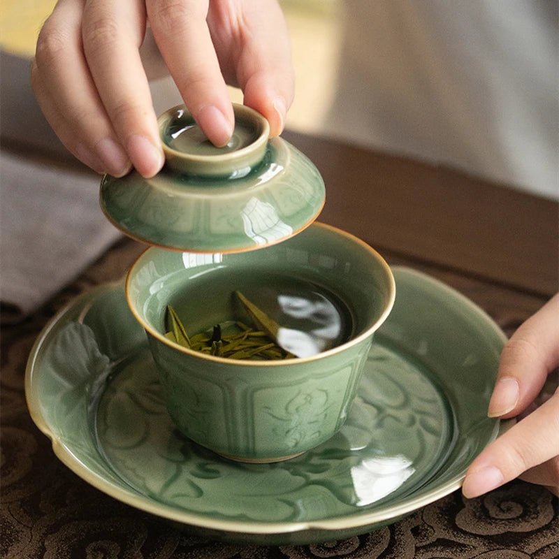 Celadon Hand Carved Gaiwan For Tea Pottery Tureen With Lid Green Teaware Kung Fu Tea Ceremony Set Coffee Cups Tea Bowls Chawan - China Tea Store