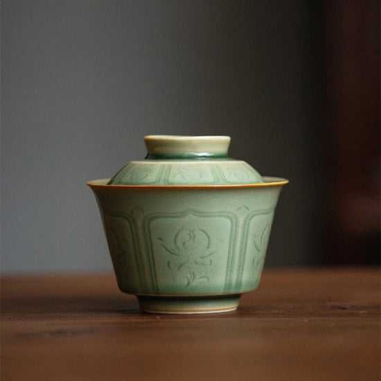 Celadon Hand Carved Gaiwan For Tea Pottery Tureen With Lid Green Teaware Kung Fu Tea Ceremony Set Coffee Cups Tea Bowls Chawan - China Tea Store