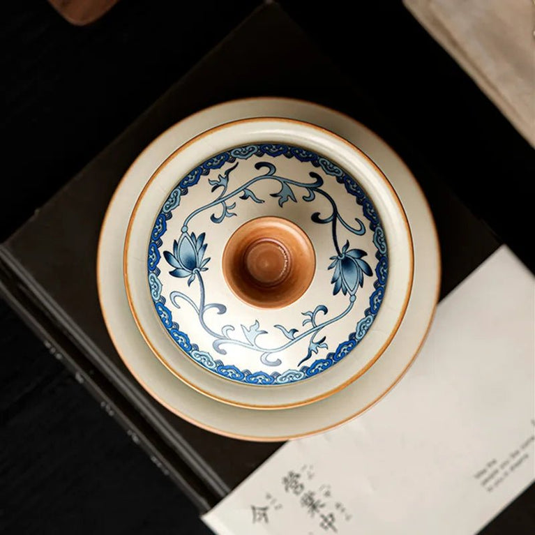 Chinese Traditional Blue and Flower Ru Kiln Gaiwan Teacup Handmade Ceramic Tea Tureen Household Tea Bowl Travel Portable Teaware - China Tea Store