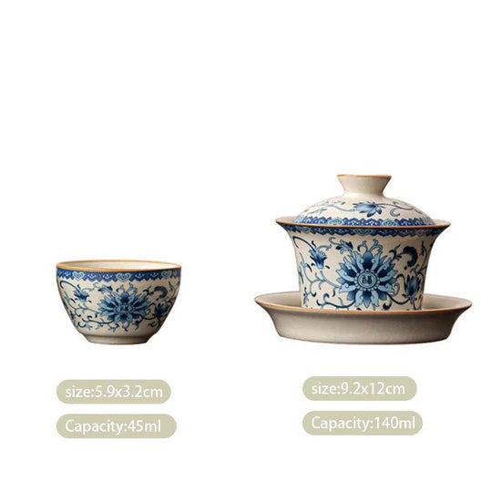 Chinese Traditional Blue and Flower Ru Kiln Gaiwan Teacup Handmade Ceramic Tea Tureen Household Tea Bowl Travel Portable Teaware - China Tea Store