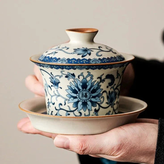 Chinese Traditional Blue and Flower Ru Kiln Gaiwan Teacup Handmade Ceramic Tea Tureen Household Tea Bowl Travel Portable Teaware - China Tea Store