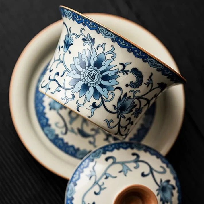 Chinese Traditional Blue and Flower Ru Kiln Gaiwan Teacup Handmade Ceramic Tea Tureen Household Tea Bowl Travel Portable Teaware - China Tea Store