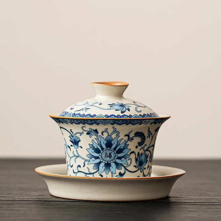 Chinese Traditional Blue and Flower Ru Kiln Gaiwan Teacup Handmade Ceramic Tea Tureen Household Tea Bowl Travel Portable Teaware - China Tea Store