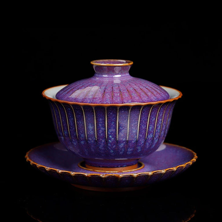 Purple Gaiwan For Tea Tureen With Lid Green Stripe Teaware Kung Fu Tea Ceremony Set Coffee Cups Tea Bowls Chinese Chawan