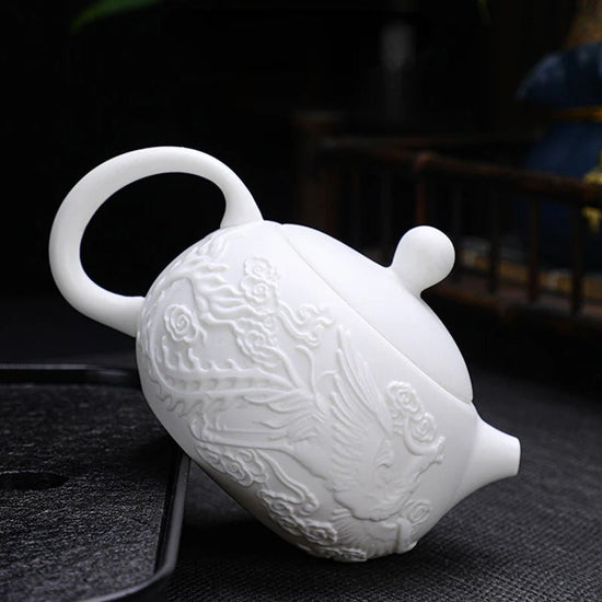 Dragon and Phoenix Teapot Embossed 220ml White porcelain Handmade Single pot with filter Ceramic Kung Fu Tea Brewer - China Tea Store