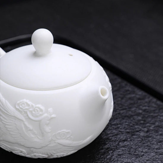 Dragon and Phoenix Teapot Embossed 220ml White porcelain Handmade Single pot with filter Ceramic Kung Fu Tea Brewer - China Tea Store