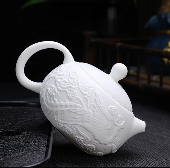 Dragon and Phoenix Teapot Embossed 220ml White porcelain Handmade Single pot with filter Ceramic Kung Fu Tea Brewer - China Tea Store