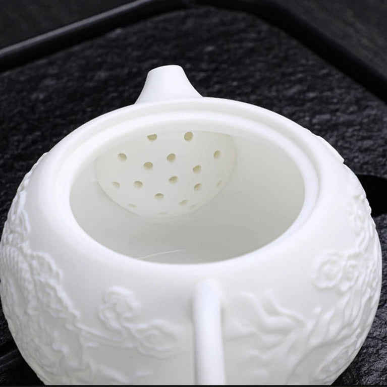 Dragon and Phoenix Teapot Embossed 220ml White porcelain Handmade Single pot with filter Ceramic Kung Fu Tea Brewer - China Tea Store