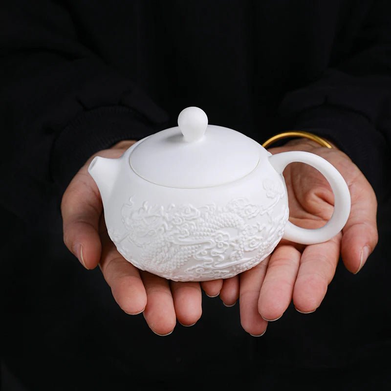 Dragon and Phoenix Teapot Embossed 220ml White porcelain Handmade Single pot with filter Ceramic Kung Fu Tea Brewer - China Tea Store