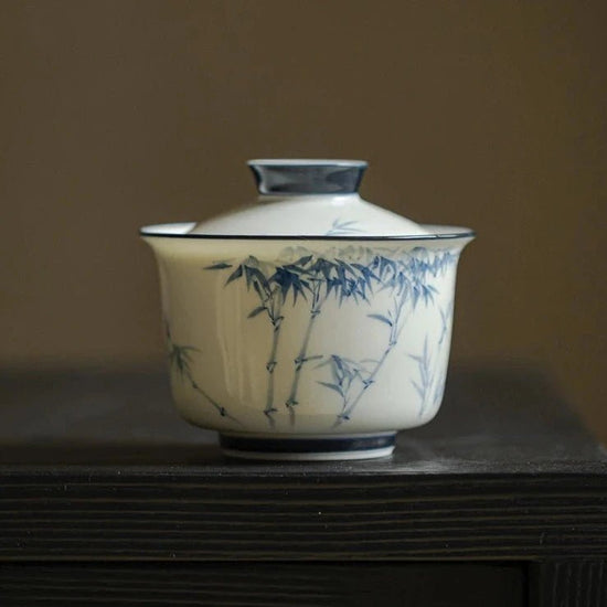 Hand - painted Bamboo Gaiwan High White Porcelain Blue and White Hand - painted Cover Bowl Chinese Kungfu Tea Bowl - China Tea Store