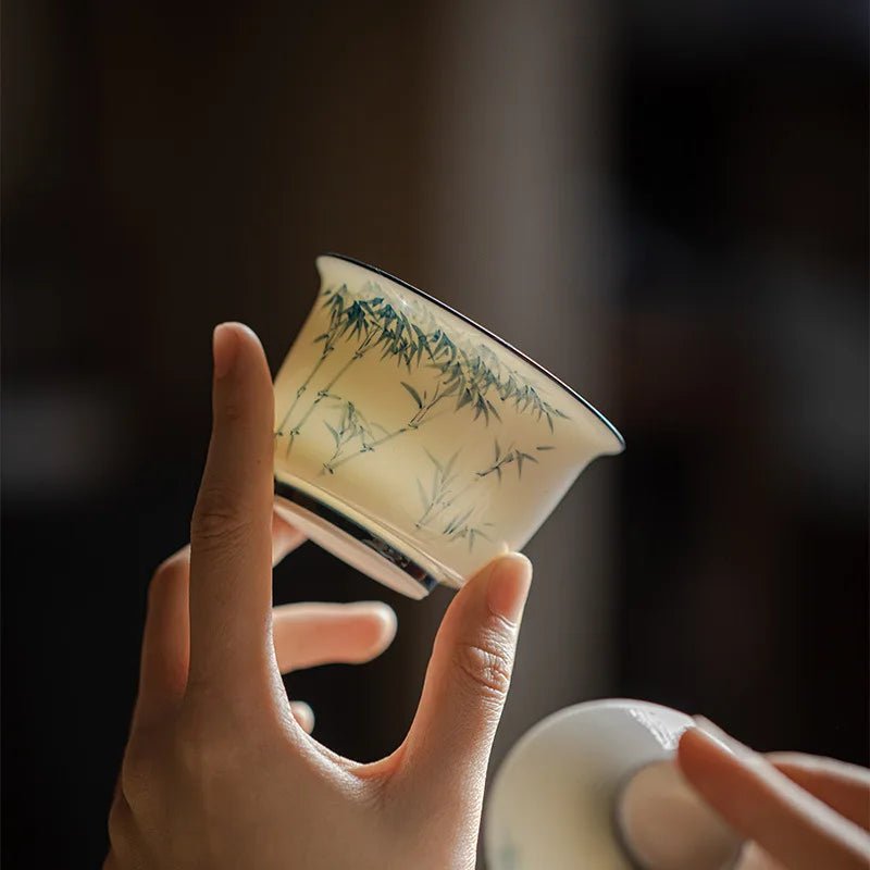 Hand - painted Bamboo Gaiwan High White Porcelain Blue and White Hand - painted Cover Bowl Chinese Kungfu Tea Bowl - China Tea Store