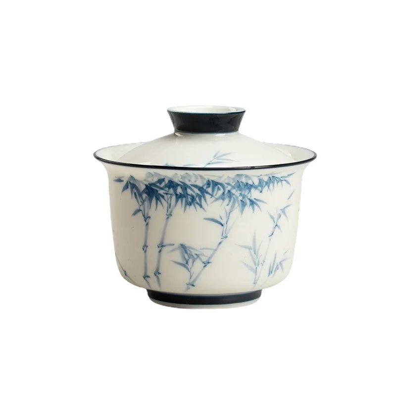 Hand - painted Bamboo Gaiwan High White Porcelain Blue and White Hand - painted Cover Bowl Chinese Kungfu Tea Bowl - China Tea Store