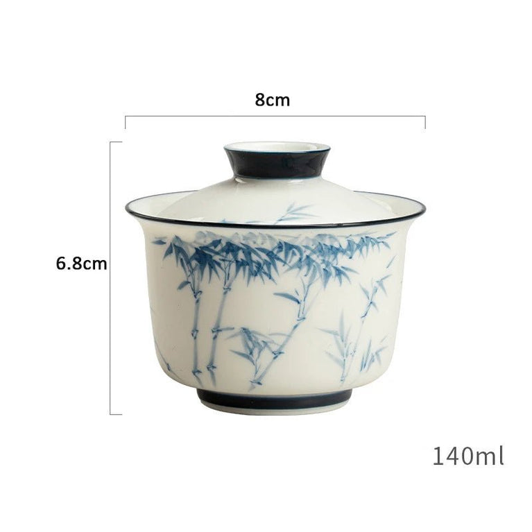 Hand - painted Bamboo Gaiwan High White Porcelain Blue and White Hand - painted Cover Bowl Chinese Kungfu Tea Bowl - China Tea Store