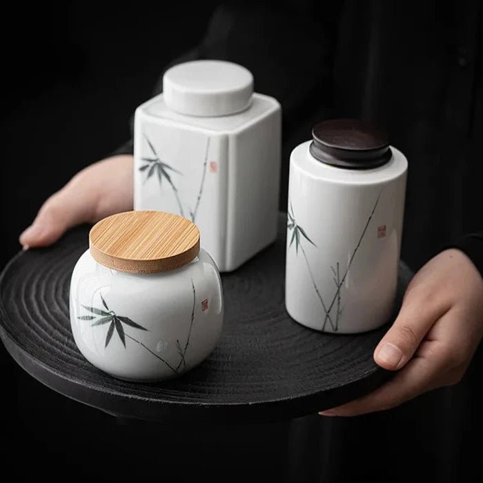 Hand - painted Lotus Ceramic Tea Box Organizer Handmade Bamboo Lid Storage Tank Containers Tea Caddy Box Tea Ceremony Ornaments - China Tea Store