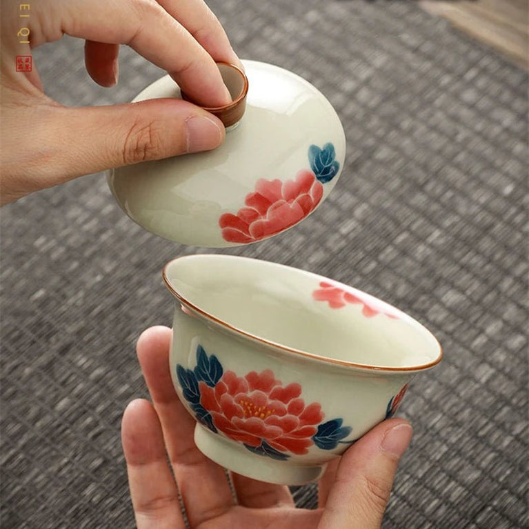 Hand Painted Peony Gaiwan For Tea Ceramic Tureen With Lid Teaware Chinese Persimmon Tea Bowl Chawan Lily Deng's store - China Tea Store