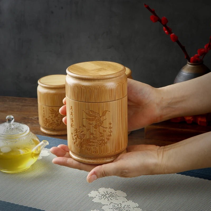 Handmade Bamboo Tea Storage Box Carved Tea Canister Lid Seal Kitchen Storage Jars Accessories Spice Box Case Organizer - China Tea Store