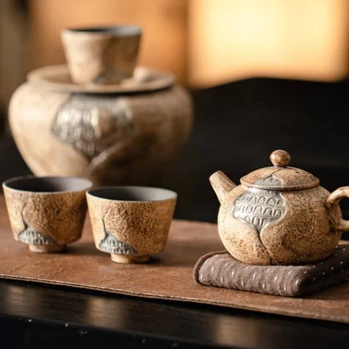 Handmade Old Rock Mud Thousand Buddhas Tea Set Complete Set Tea Ceremony Set Household Teapot and Tea Cup Set Cha Teaware Craft - China Tea Store