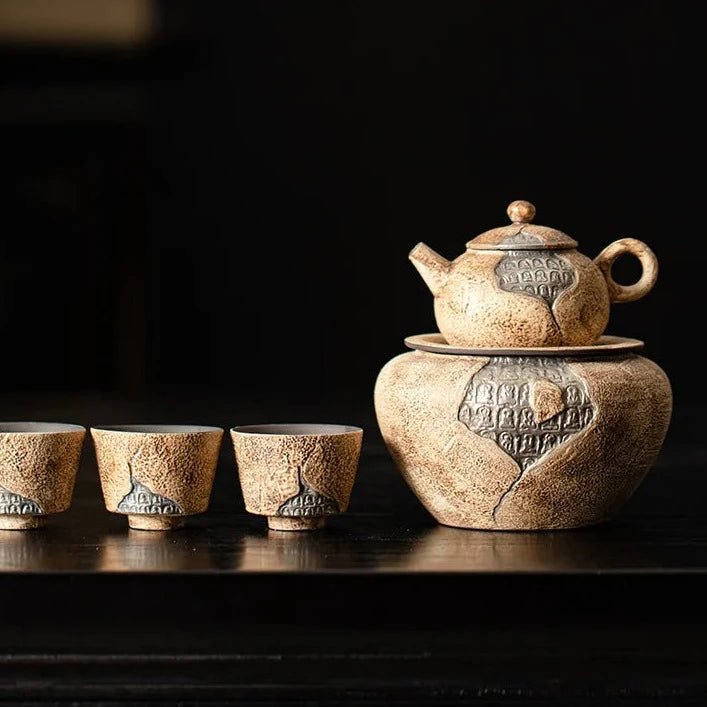 Handmade Old Rock Mud Thousand Buddhas Tea Set Complete Set Tea Ceremony Set Household Teapot and Tea Cup Set Cha Teaware Craft - China Tea Store