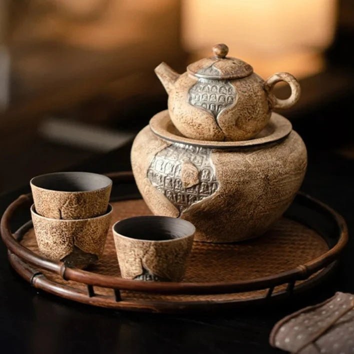 Handmade Old Rock Mud Thousand Buddhas Tea Set Complete Set Tea Ceremony Set Household Teapot and Tea Cup Set Cha Teaware Craft - China Tea Store