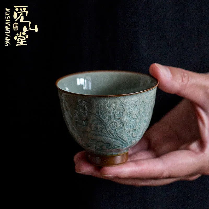 Japanese old rock clay powder tea cup personal home master cup hand - relief single cup ceramic coarse pottery tea set - China Tea Store