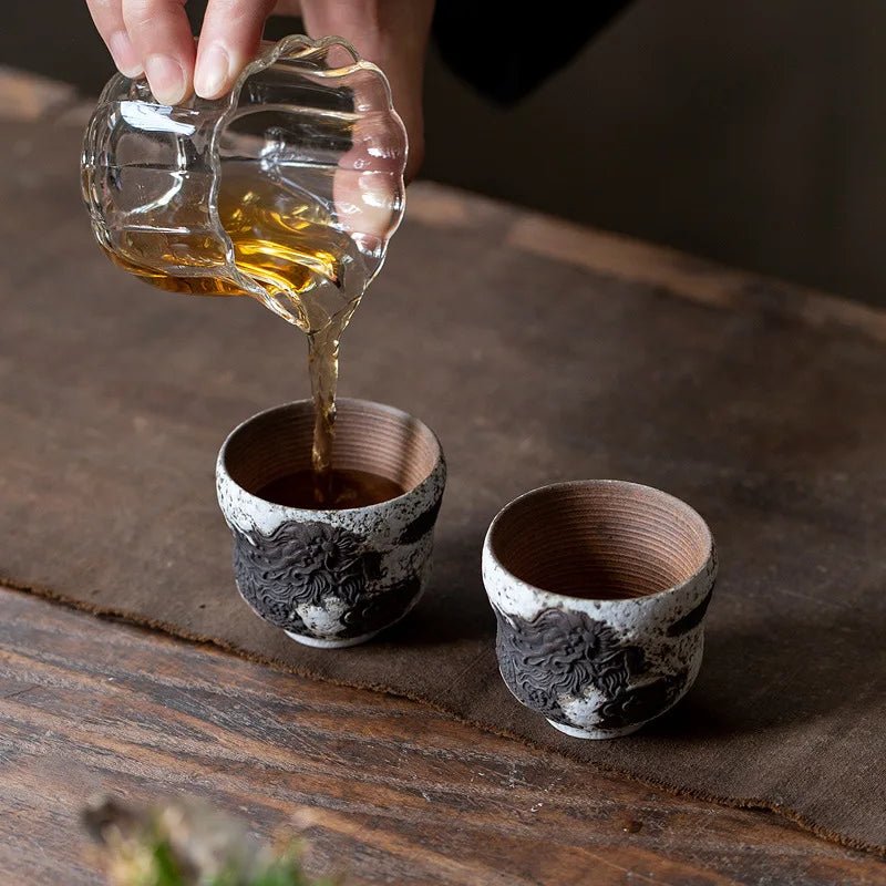 Japanese old rock clay powder tea cup personal home master cup hand - relief single cup ceramic coarse pottery tea set - China Tea Store