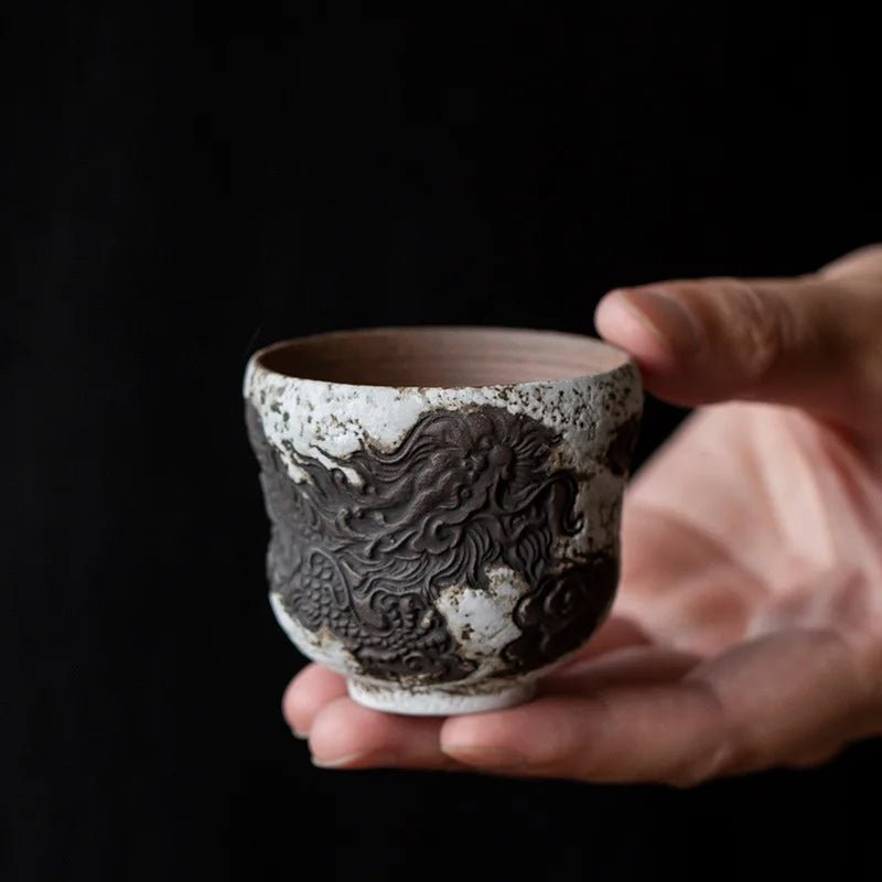 Japanese old rock clay powder tea cup personal home master cup hand - relief single cup ceramic coarse pottery tea set - China Tea Store